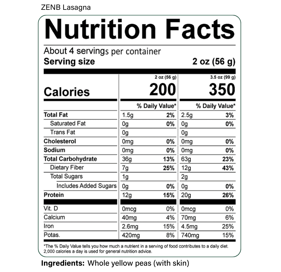 Nutrition Facts for ZENB Lasagna
