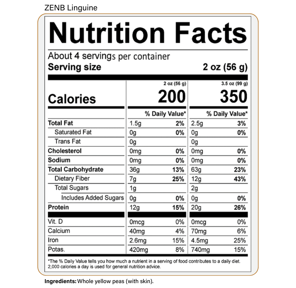 3.5 oz or 99g, Calories 350, Total Fat 2.5g, Cholesterol 0mg, Sodium 0mg, Total Carbs 63g, Dietary Fiber 12g, Total Sugars 2g, Added Sugars 0g, protein 20g; VIt D 0mcg, Calcium 70mg, Iron 4.5mg, Potas. 740mg There are no FDA recognized allergens