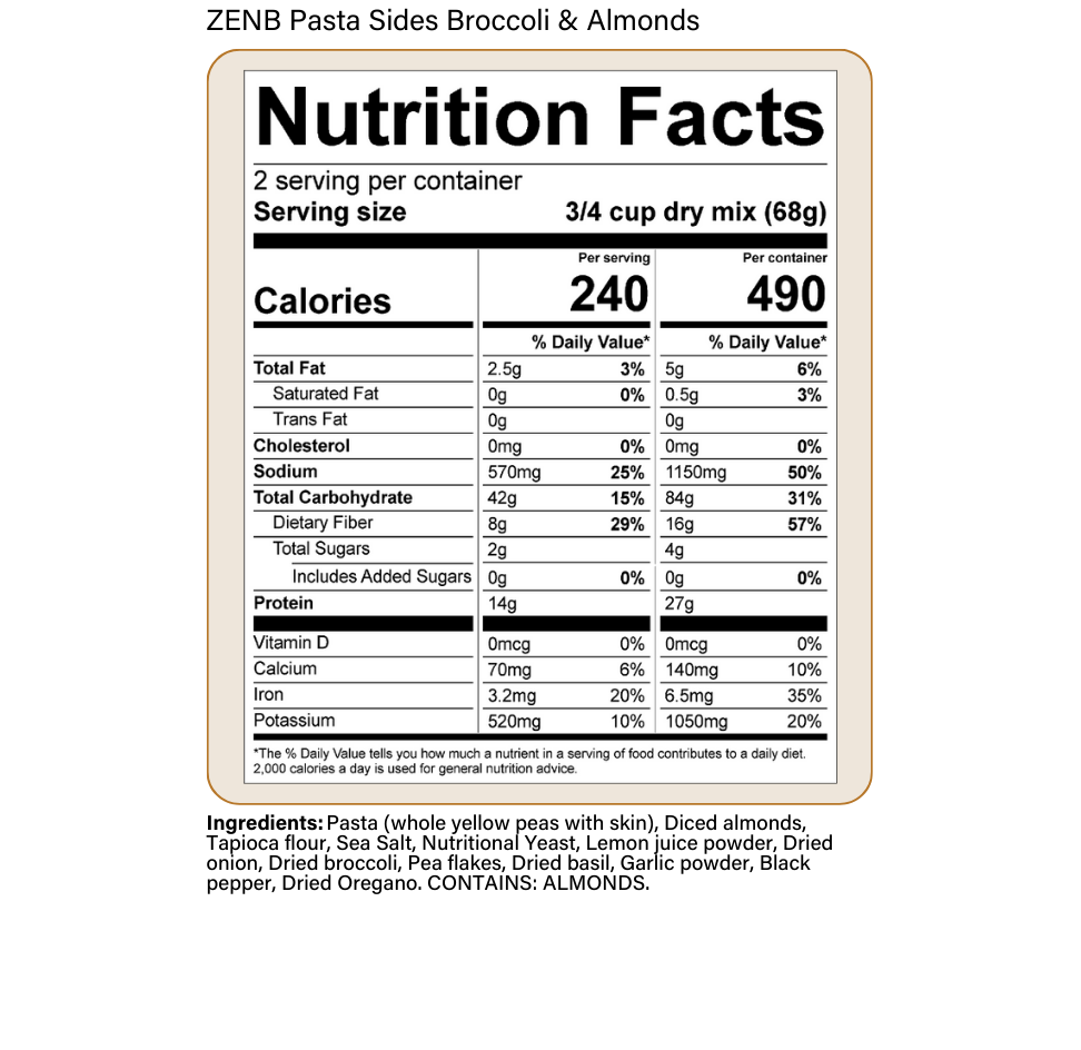 Summary of Nutrition Facts: 2 servings per container   Serving Size: ¾ cup dry mix (68g) Makes 1 cup prepared. Calories 240 Total Fat 2.5g (3% DV*) Saturated Fat 0g (0% DV*) Trans Fat 0g Cholesterol 0mg (0% DV*) Sodium 570mg (25% DV*) Total Carbohydrates 42g (15% DV*) Dietary Fiber 8g (29% DV*) Total Sugars 2g incl Added Sugar 0% (0% DV*) Protein 14g (16% DV*) Vitamin D 0mcg (0% DV*) Calcium 70mg (6% DV*) Iron 3.2mg (20% DV*) Potassium 520mg (10% DV*) *The % Daily Value (DV) tells you how much a nutrient in a serving of food contributes to a daily diet. 2,000 calories a day is used for general nutritional advice.