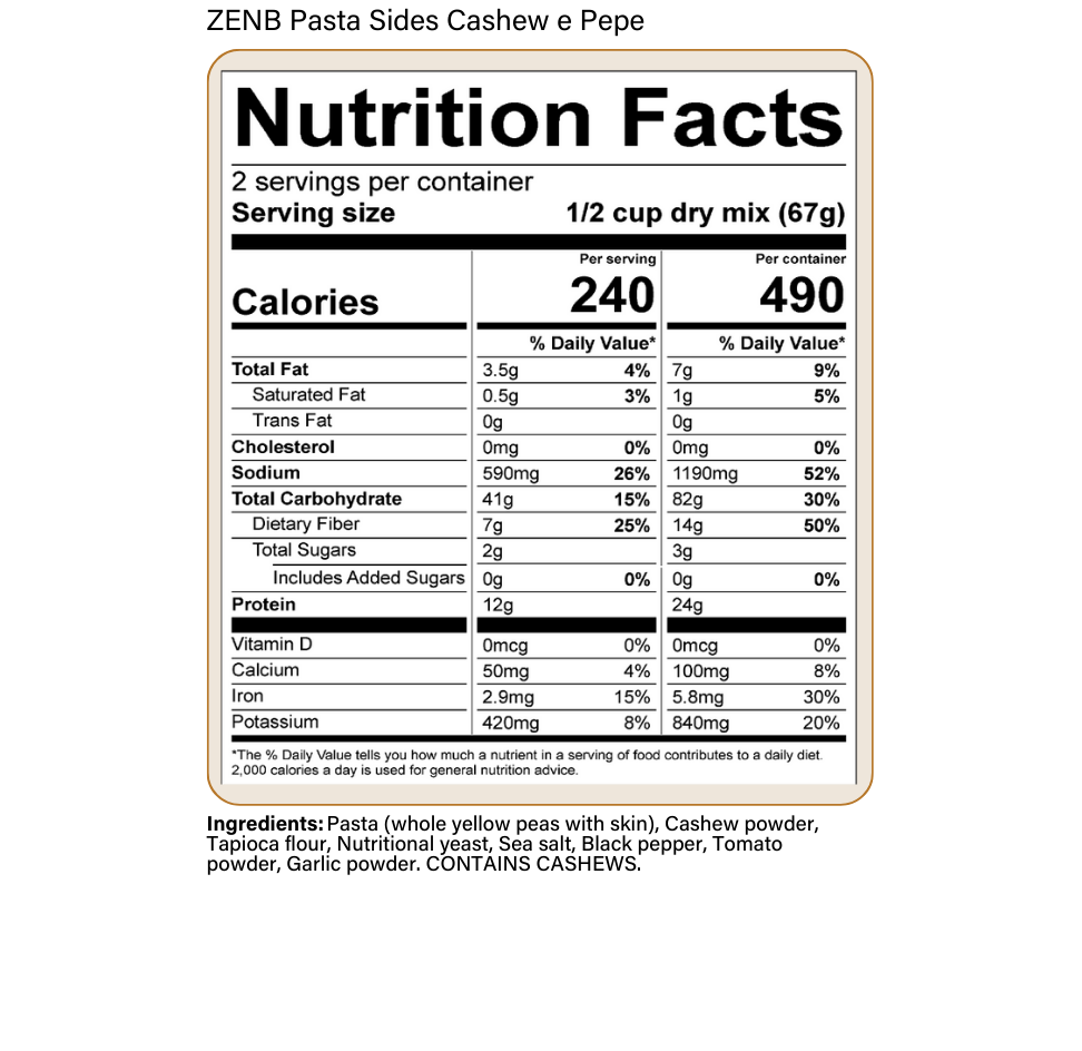Nutrition Facts label for Pasta Sides Cashew e Pepe