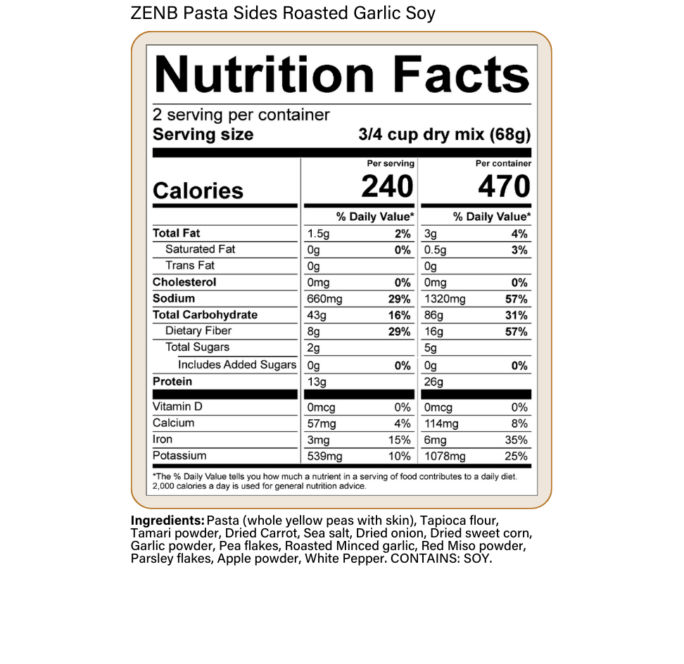 Summary of Nutrition Facts for Roasted Garlic Soy Pasta Sides: 2 servings per container. Serving Size: ¾ cup dry mix (68g) Makes 1 cup prepared Calories 240Total Fat 1.5g (2% DV*)   Saturated Fat 0g (0% DV*) Trans Fat 0g Cholesterol 0mg (0% DV*) Sodium 660mg (29% DV*) Total Carbohydrates 43g (16% DV*) Dietary Fiber 8g (29% DV*) Total Sugars 2g incl Added Sugar 0% (0% DV*) Protein 13g (16% DV*) Vitamin D 0mcg (0% DV*) Calcium 60mg (4% DV*) Iron 3mg (15% DV*) Potassium 540mg (10% DV*) *The % Daily Value (DV) tells you how much a nutrient in a serving of food contributes to a daily diet. 2,000 calories a day is used for general nutritional advice.