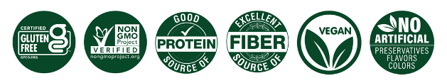 Icons representing certified gluten free, verified non-GMO, a good source of protein, an excellent source of fiber, vegan, and no artificial perservatives, flavors, or colors