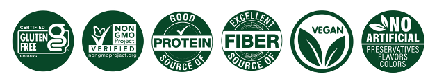 Icons representing certified gluten-Free, verified non-GMO, good source of protein, excellent source of fiber, vegan, and no artificial preservatives, flavors, or colors