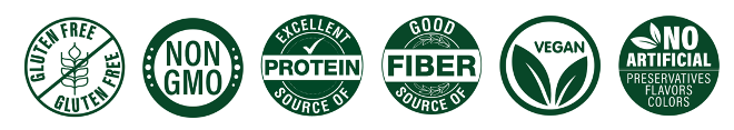 Icons indicating that ZENB Ramen are gluten-free, non-GMO, an excellent source of protein, a good source of fiber, vegan, and have no artificial preservatives, flavors, or colors
