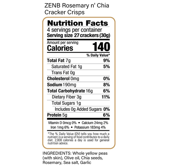 Nutrition Facts label for ZENB Rosemary n' Chia Cracker Crisps