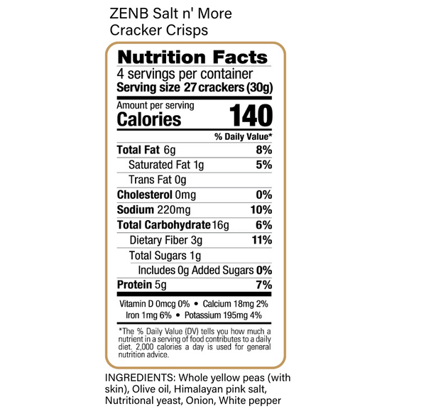 Nutrition Facts label for ZENB Salt n' More Cracker Crisps