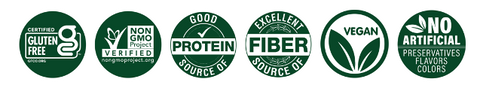 Icons indicating that ZENB Penne is certified gluten-free, verified non-GMO, a good source of protein, an excellent source of fiber, is vegan, and has no artificial preservatives, flavors, or colors