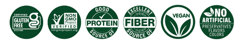 Icons indicating that ZENB Cavatappi is certified gluten-free, verified non-GMO, a good source of protein, an excellent source of fiber, vegan, and has no artificial preservatives, flavors, or colors
