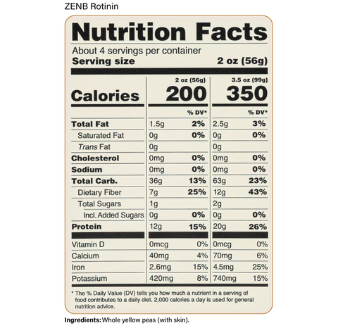 Nutrition Facts for ZENB Rotini: 3.5oz or 99g, Calories 350, total fat 2.5g (3% DV*), total carbs 63g (23% DV*), dietary fiber 12g (43% DV*), total sugars 2g including 0g Added Sugars (0% DV*), protein 20g (26% DV*), Vitamin D 0mcg (0% DV*), Calcium 70mg (6% DV*), Potas. 740mg (15% DV*). There are no FDA recognized allergens. *The % Daily Value (DV) tells you how much a nutrient in a serving of food contributes to a daily diet. 2,000 calories a day is used for general nutritional advice.