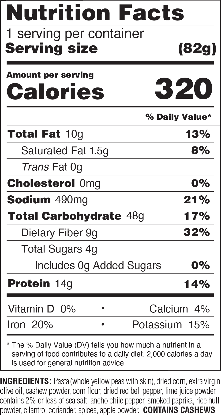 Nutrition Facts label for ZENB Mexican Street Corn Pasta Agile Bowl