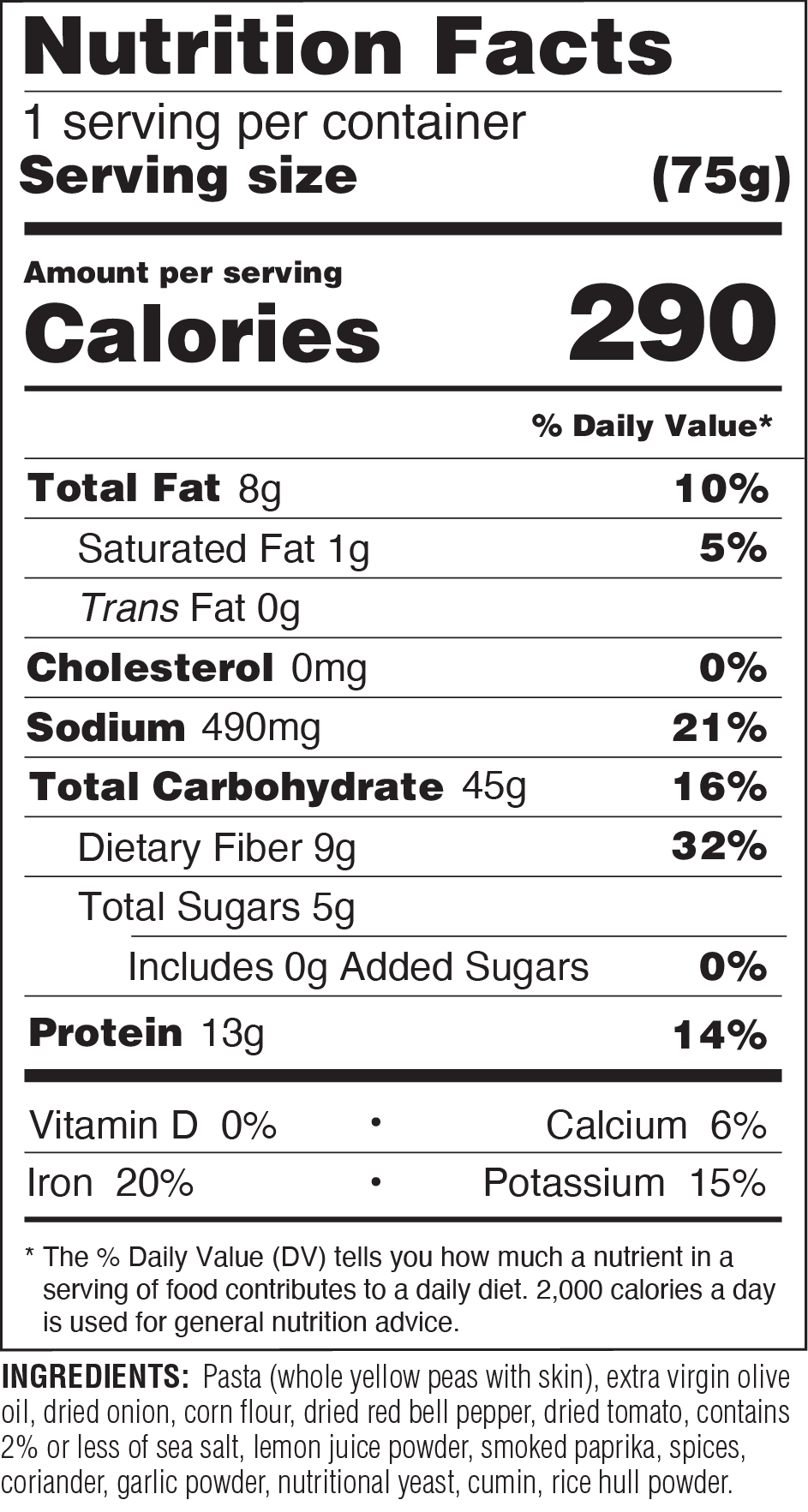 Nutrition Facts label for ZENB Tomato Basil Pesto Pasta Agile Bowl