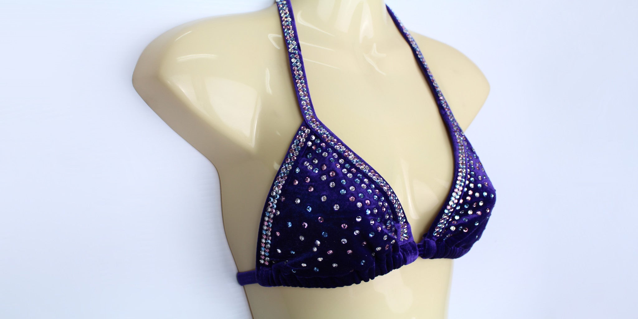 Gorgeous K-Lee Designs custom ladies bodybuilding bikini top in indigo with diamantes made and designed in Brisbane Australia