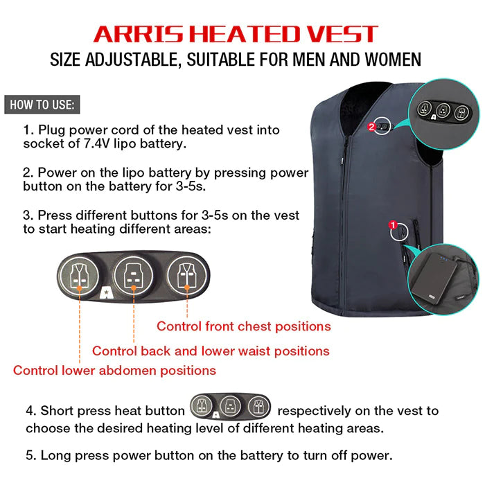 ARRIS Heated Vest Size Adjustable 7.4V Battery Electric Warm Vest+Heated Hats Beanie Holiday Sale Combo