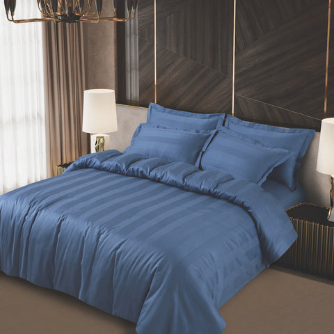 This is a product image of Turin Jacquard Blue Stripes Bedsheet on www.masonhome.in