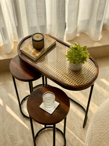 This is a product image of Kovo Rattan Table - Set of 3 Side Tables on www.masonhome.in