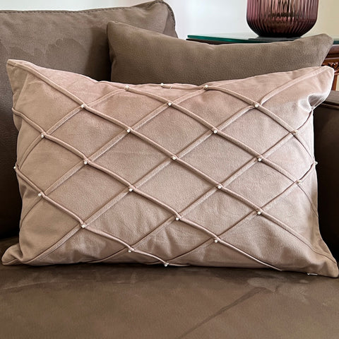 This is a product image of Grid Onion Pink Velvet Cushion Cover on www.masonhome.in