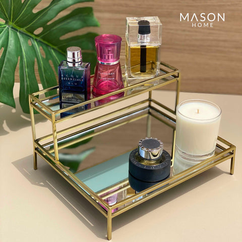This is a product image of Milan Mirror Double Decker Vanity Tray - Gold on www.masonhome.in