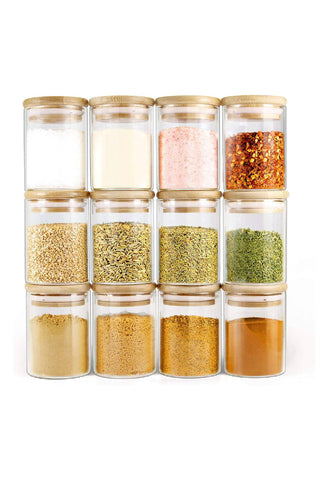 This is a product image of Glass Airtight Spice Jar With Wooden Lid - Set Of 12 on www.masonhome.in