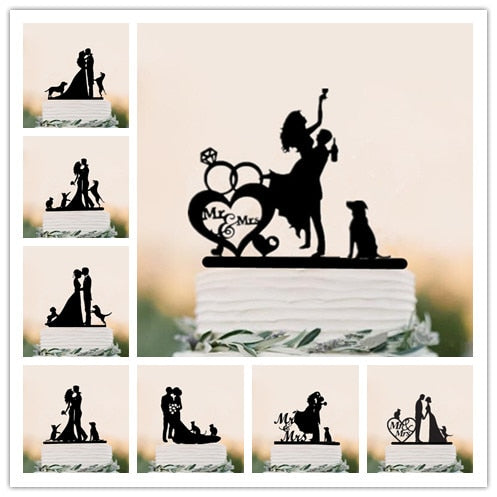 Black Acrylic Bride And Groom Silhouette With Pet Cake Topper