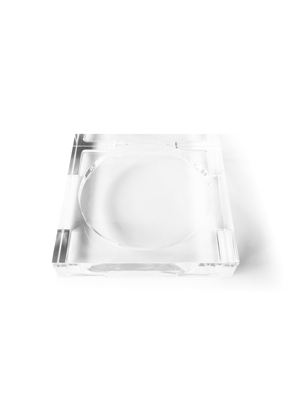 small custom lucite acrylic tray that nestles one product such as hand soap, candle or lotion