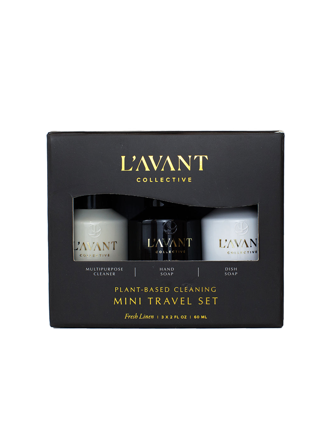 Travel size L'AVANT 2oz hand soap, 2oz dish soap, and 2oz multipurpose surface cleaner.