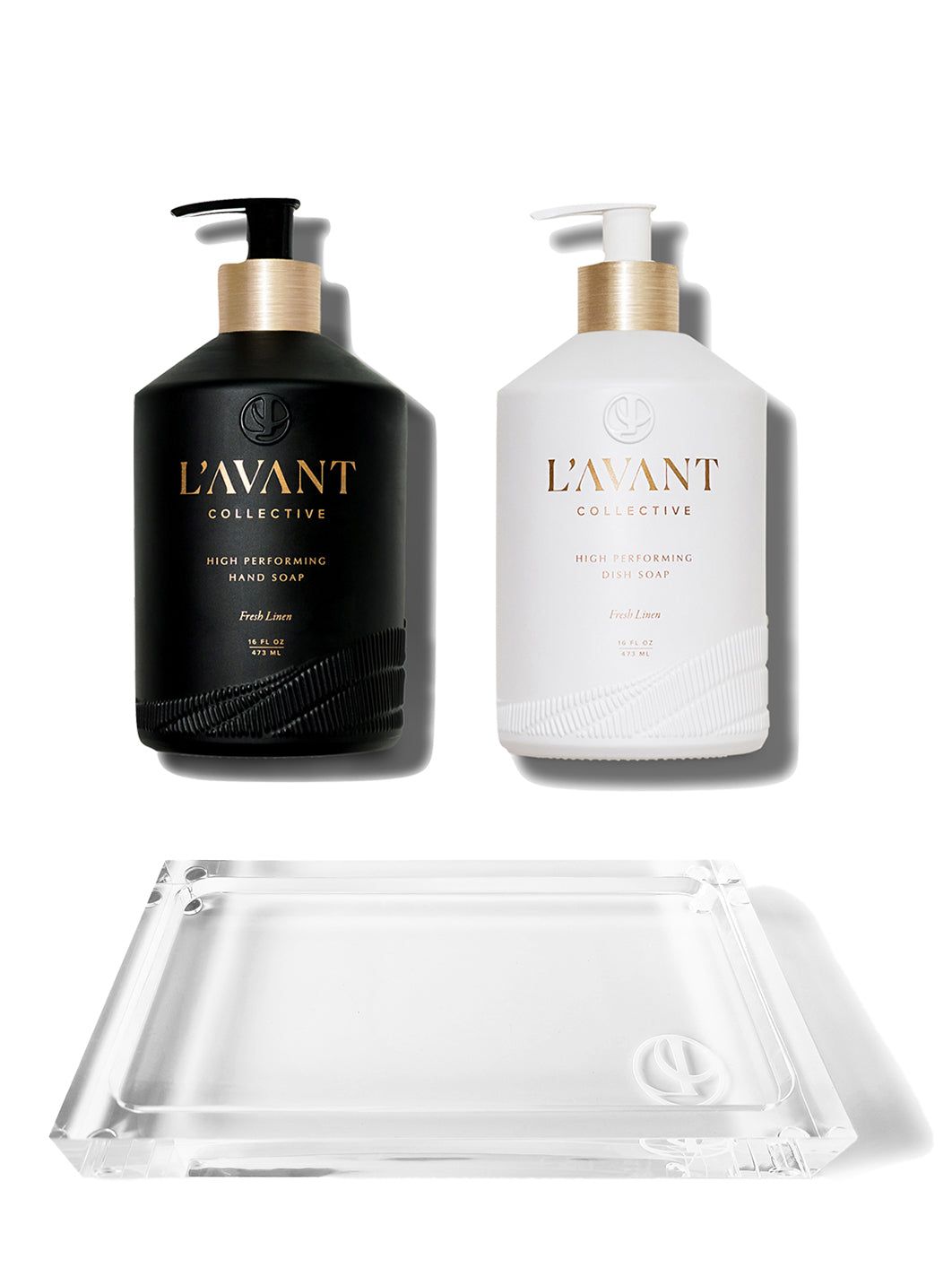 16oz Hand Soap and 16oz Dish Soap and Medium Lucite Tray sized 7x4x1 inches
