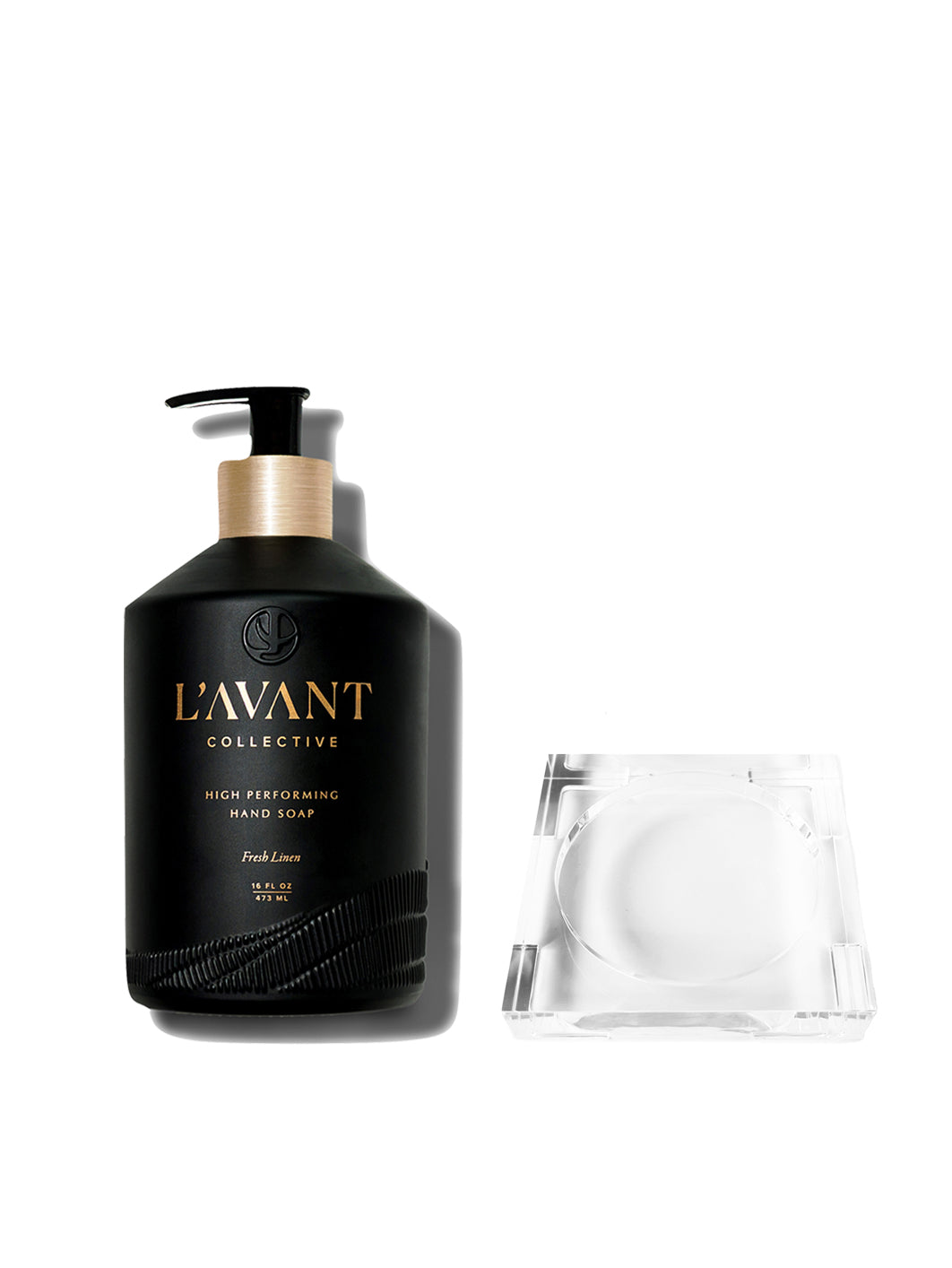 16oz plant-based hand soap in black glass bottle with custom small lucite tray size 4x2x1 inches