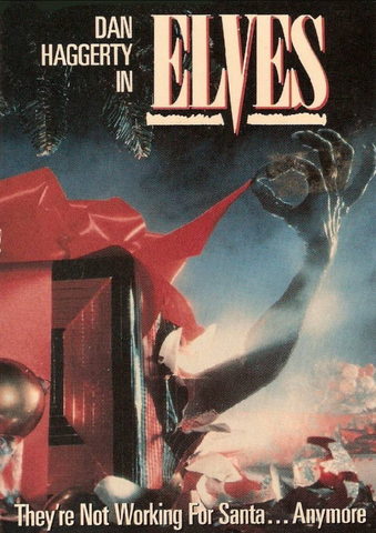 poster for a movie called Elves featuring a wrapped christmas gift with a scary hand coming out of it