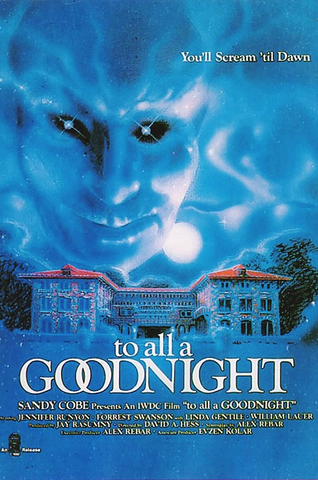 poster for a movie called To All a Good Night featuring a big brick boarding school with a giant demon face in the clouds above it