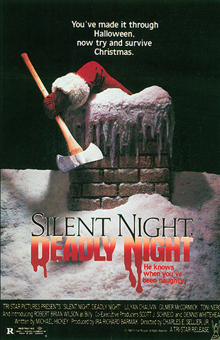 poster for a movie called Silent Night, Deadly Night featuring a chimney covered with snow, with a santa claus arm coming out of it, holding an axe