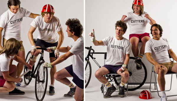 four men dressed as characters from the movie breaking away