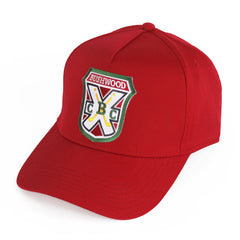 Red baseball hat with embroidered patch on the front that says "Bushwood"