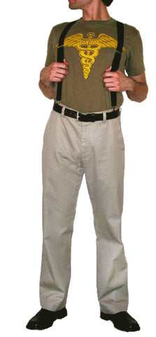 a man wears a green t-shirt, suspenders, and khaki pants with a belt