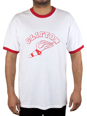 White t-shirt with red neck band and arm band.  The shirt Says Clifton in red letters across the chest and has a foot with a wing on it.