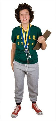 a woman holds a clipboard and wears a green shirt, sweatpants, and has medals and whistles around her neck