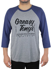 t-shirt with blue sleeves and gray body that says Greasy Tony's on the front