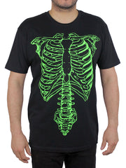 Black t-shirt with a bright green ribcage and spinal column printed on it