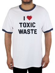 white t-shirt with navy blue neck band and arm bands.  shirt says "I Heart Toxic Waste" on the front in dark blue letters