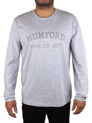 gray long-sleeved t-shirt that says Mumford Phys. Ed. Dept on the front