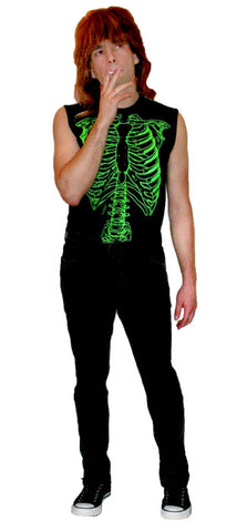 a man with a mullet wears a black shirt with a green skeleton on it, black pants, and smokes a cigarette