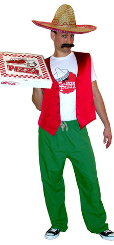 a man wears a sombrero, red vest, senor pizza shirt, green pants and has a big mustache and holds a pizz a box