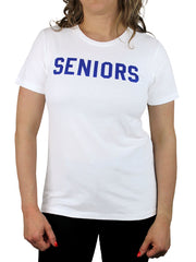 White women's t-shirt with the word "Seniors" on the front in royal blue.