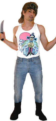a man with a mullet wears a white tank top, jeans, and holds a knife