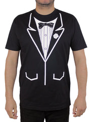 Black t-shirt with the image of a tuxedo printed on the front