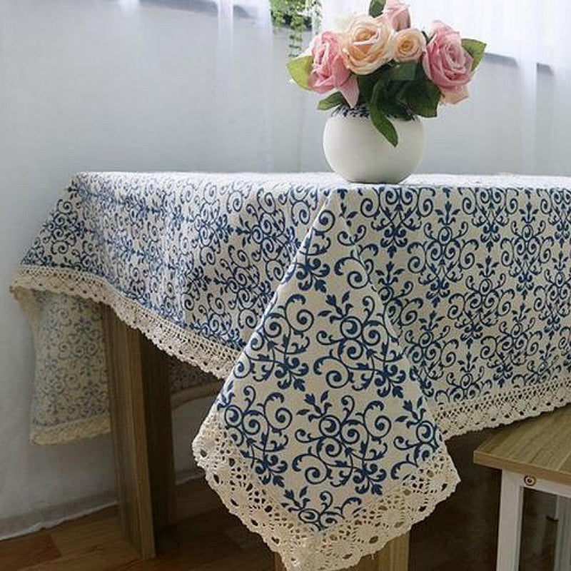 Vintage Blue Asian Floral Pattern Cotton Linen Tablecloth
