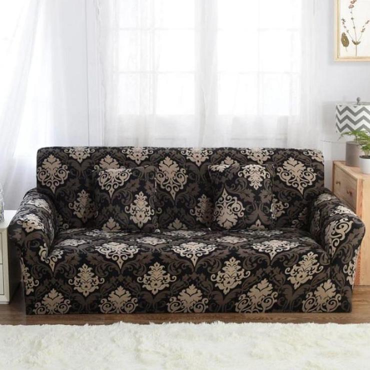 Black / Gold Floral Damask Pattern Sofa Couch Cover