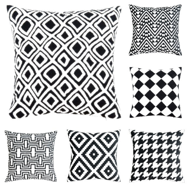 18" Black & White Embroidered Geometric Pillow Cover