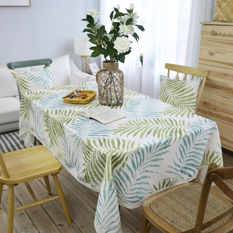 Blue / Green Palm Leaf Pattern Tablecloth W/ Lace