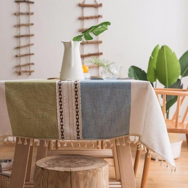 Blue / Green Ribbed Cotton Linen Tablecloth W/ Tassels