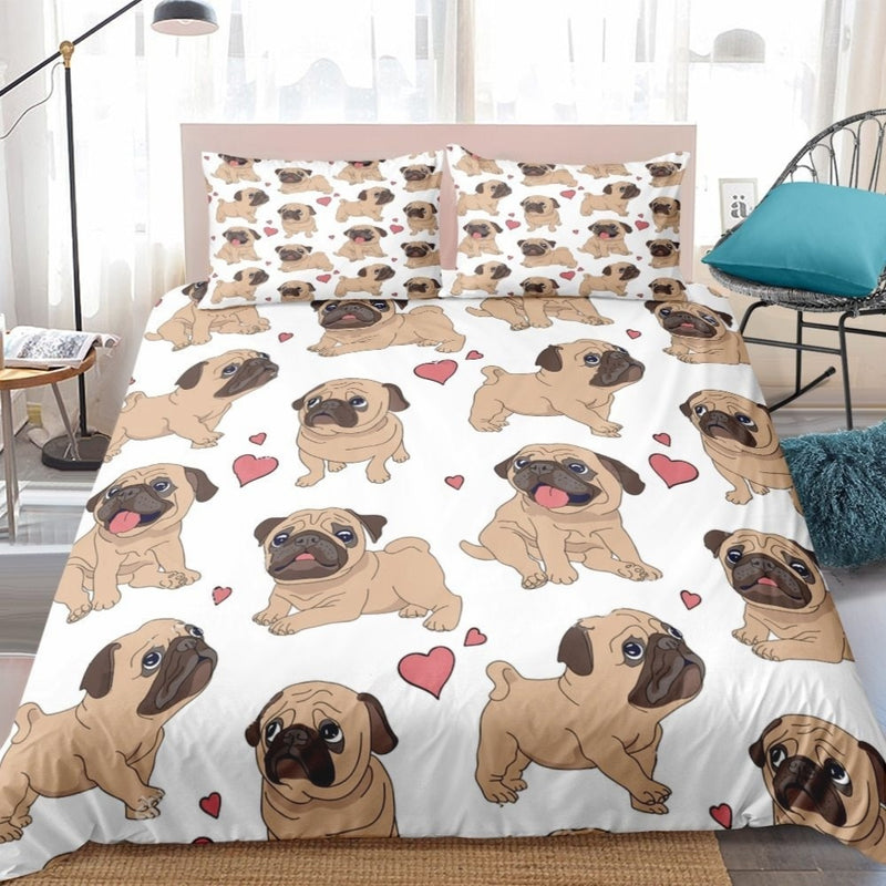 White 3 Piece Pug Puppy Love Duvet Cover Bedding Set Decorzee